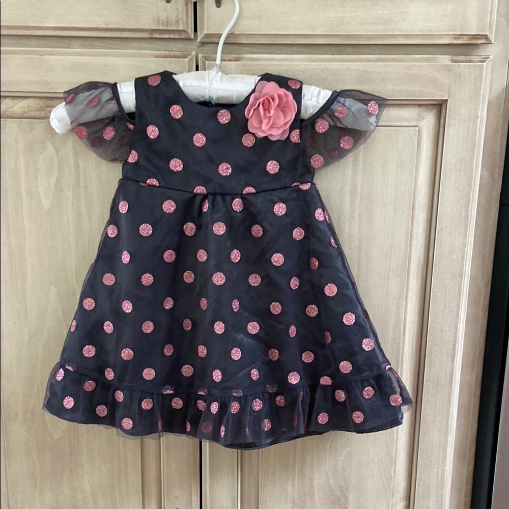 Penelope Mack dark gray Dress with Pink Polka Dots and Flower sz 12 mos LN
